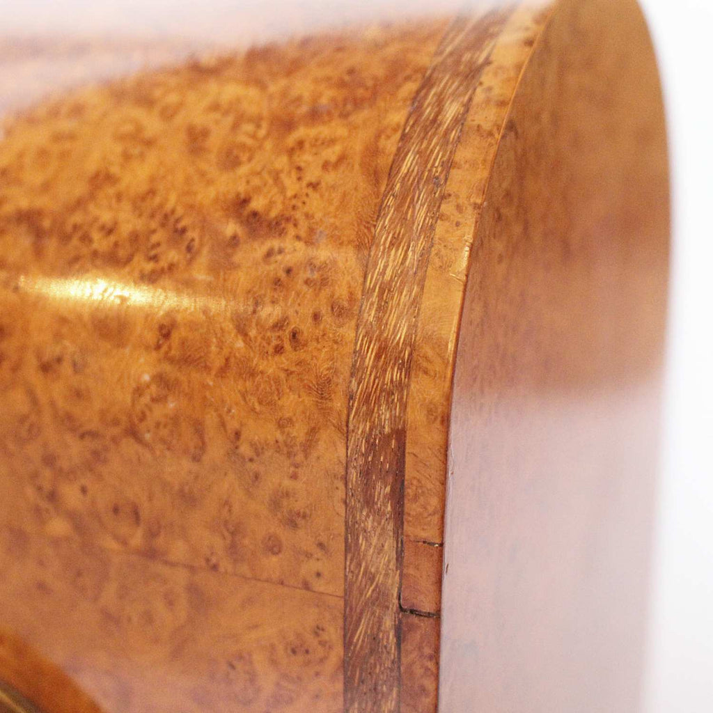 An Art Deco mantel clock in amboyna with metal face circa 1930 at Jeroen Markies 