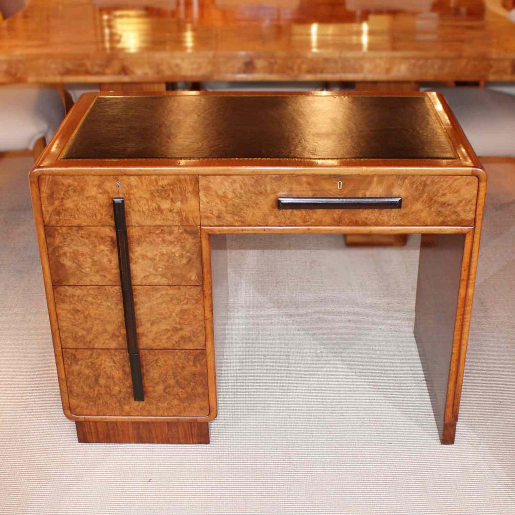 Art deco writing desk by Hamptons of London in burr walnut with leather top at Jeroen Markies 