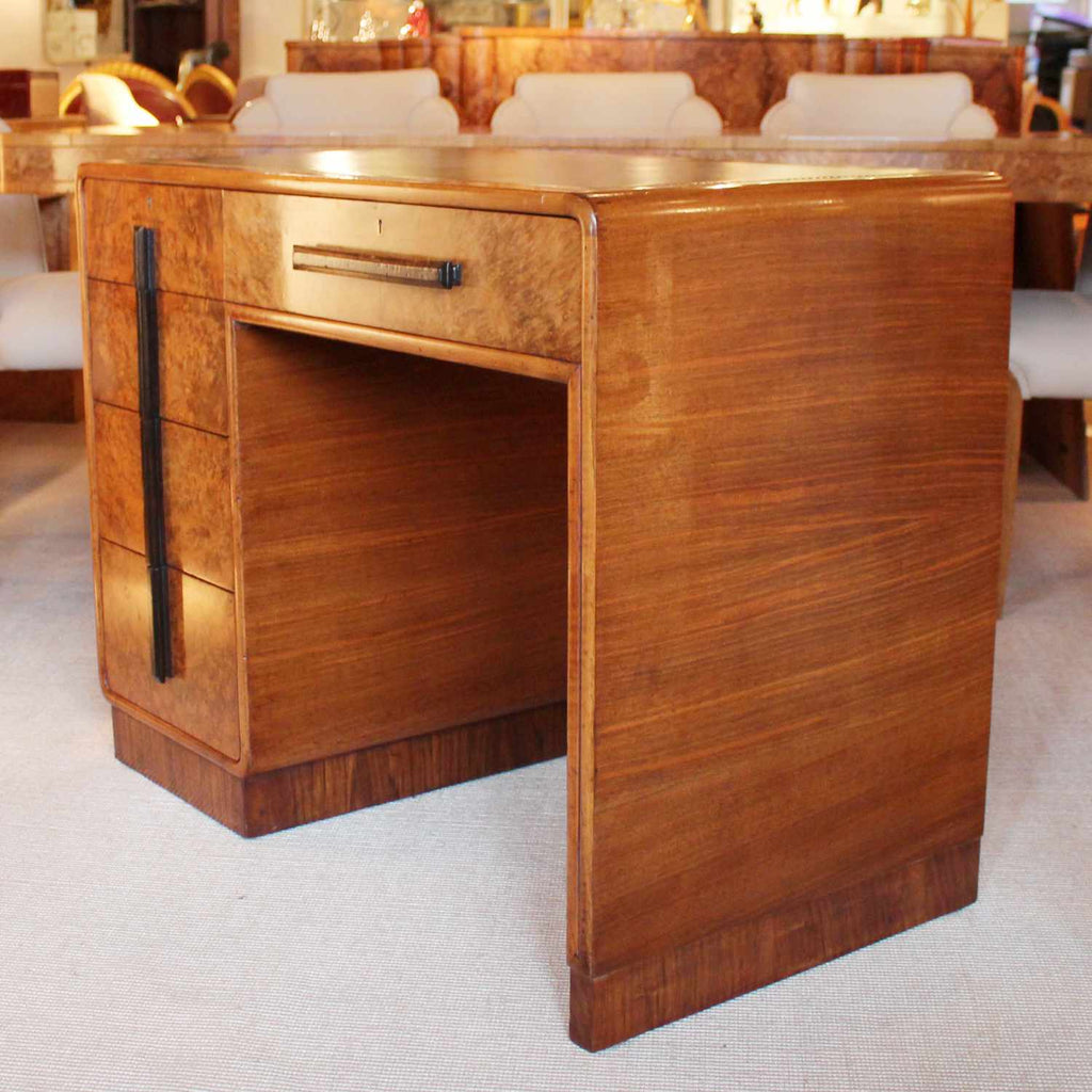 Art deco writing desk by Hamptons of London in burr walnut with leather top at Jeroen Markies 