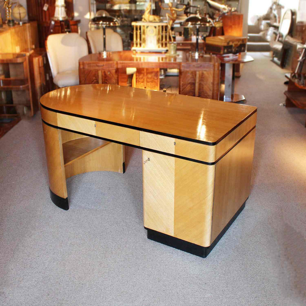 Art Deco desk with curved end in satin birch with ebonised wood at Jeroen Markies 