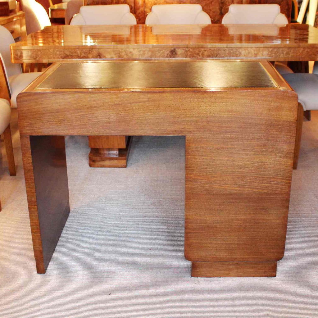 Art deco writing desk by Hamptons of London in burr walnut with leather top at Jeroen Markies 