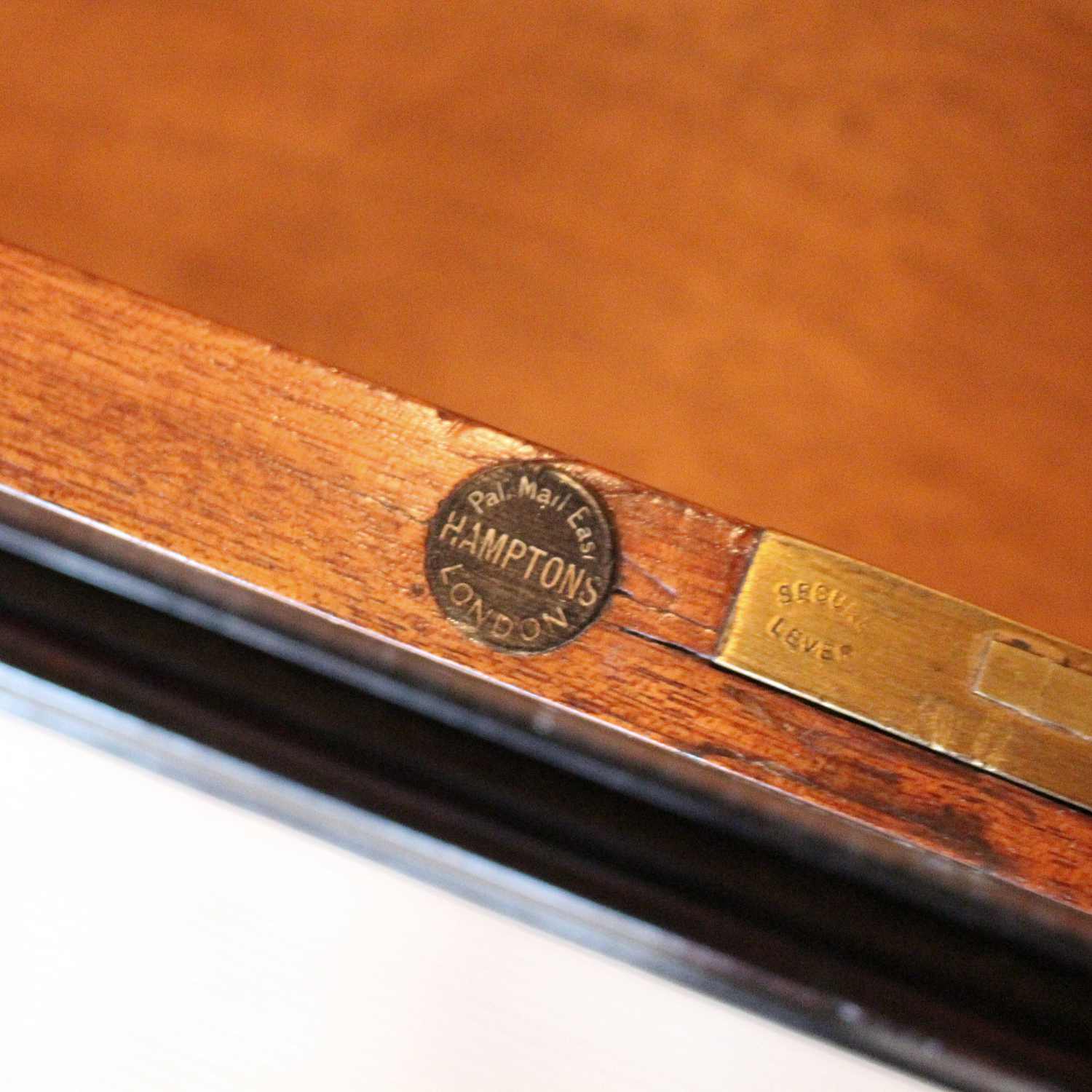 Art deco writing desk by Hamptons of London in burr walnut with leather top at Jeroen Markies 