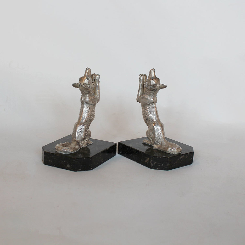 Art Deco silvered bronze fox bookends signed H Moreau