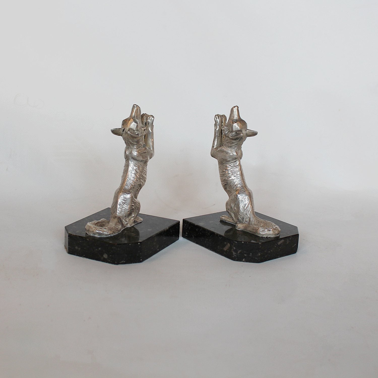 Art Deco silvered bronze fox bookends signed H Moreau