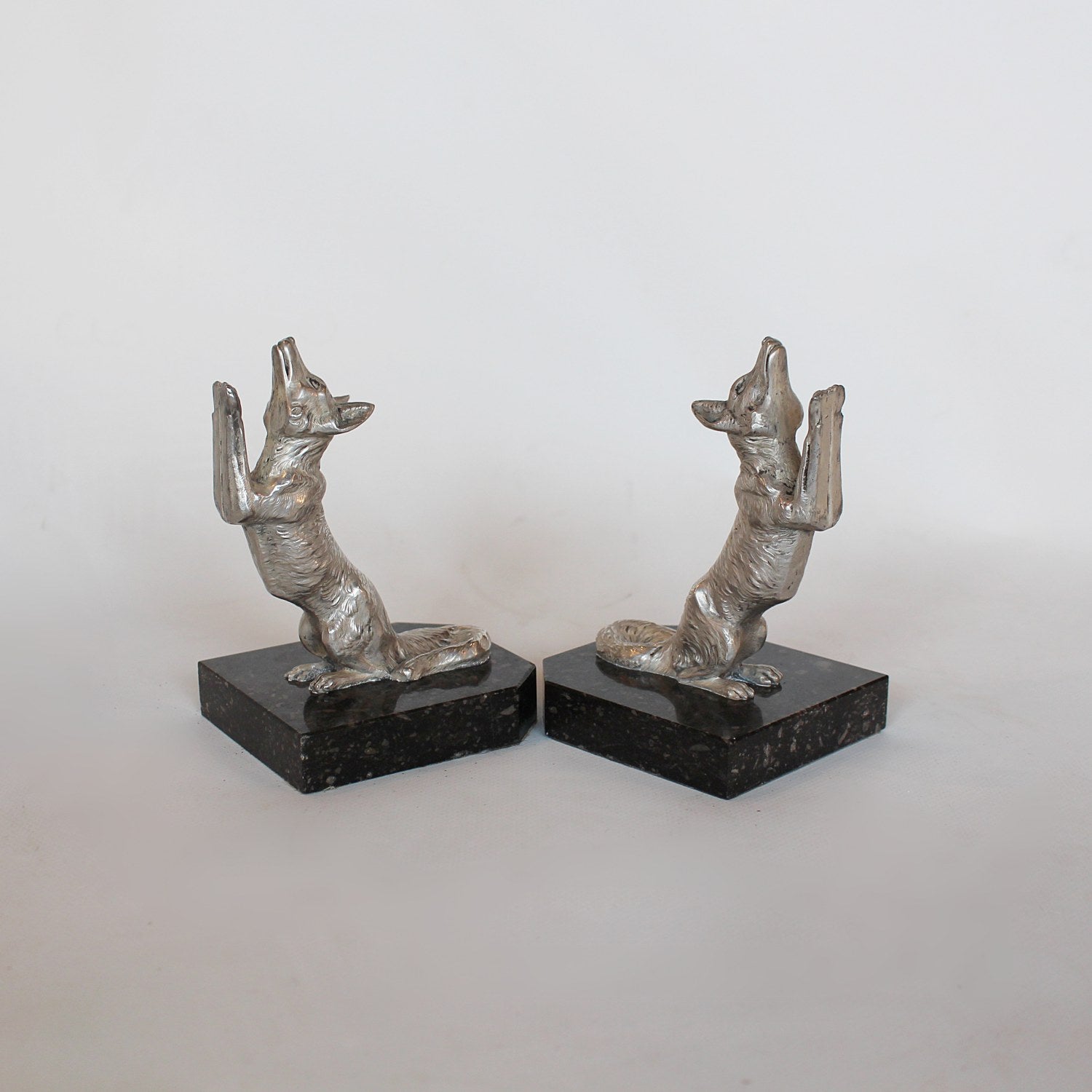 Art Deco silvered bronze fox bookends signed H Moreau