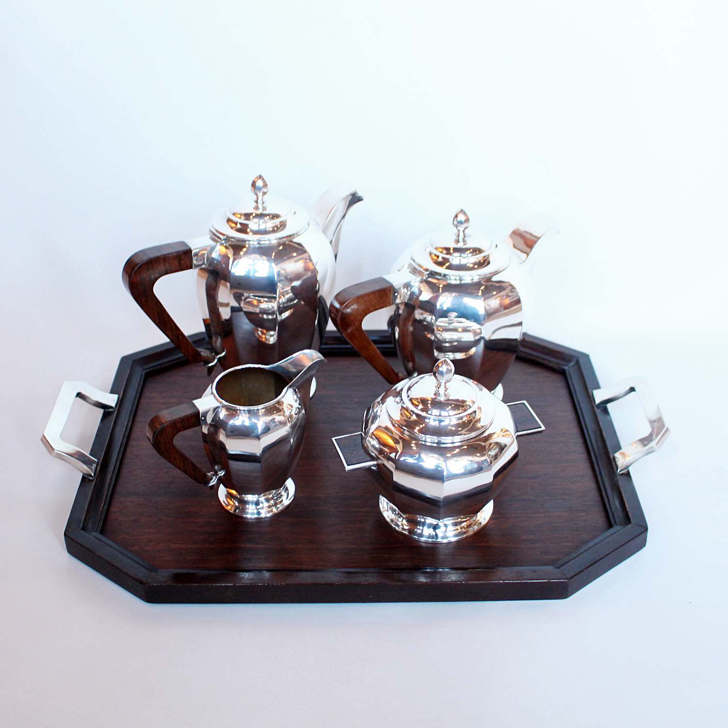 Art Deco silver and walnut tea and coffee set with sugar bowl and cream jug at Jeroen Markies