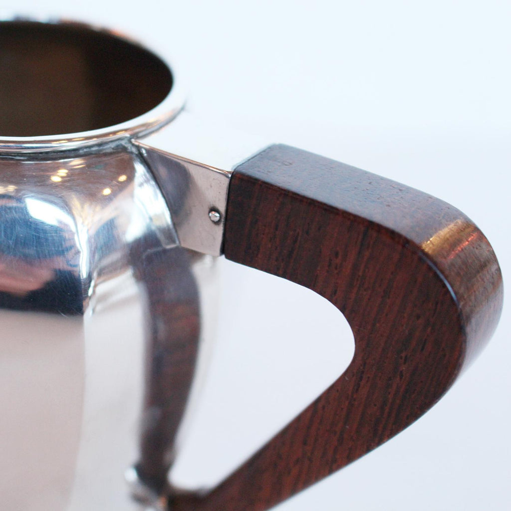 Art Deco silver and walnut tea and coffee set with sugar bowl and cream jug at Jeroen Markies
