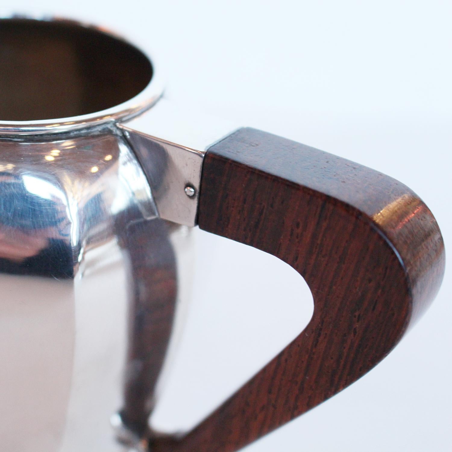 Art Deco silver and walnut tea and coffee set with sugar bowl and cream jug at Jeroen Markies