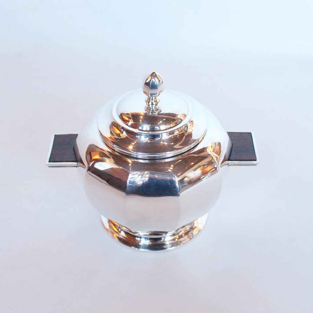 Art Deco silver and walnut tea and coffee set with sugar bowl and cream jug at Jeroen Markies