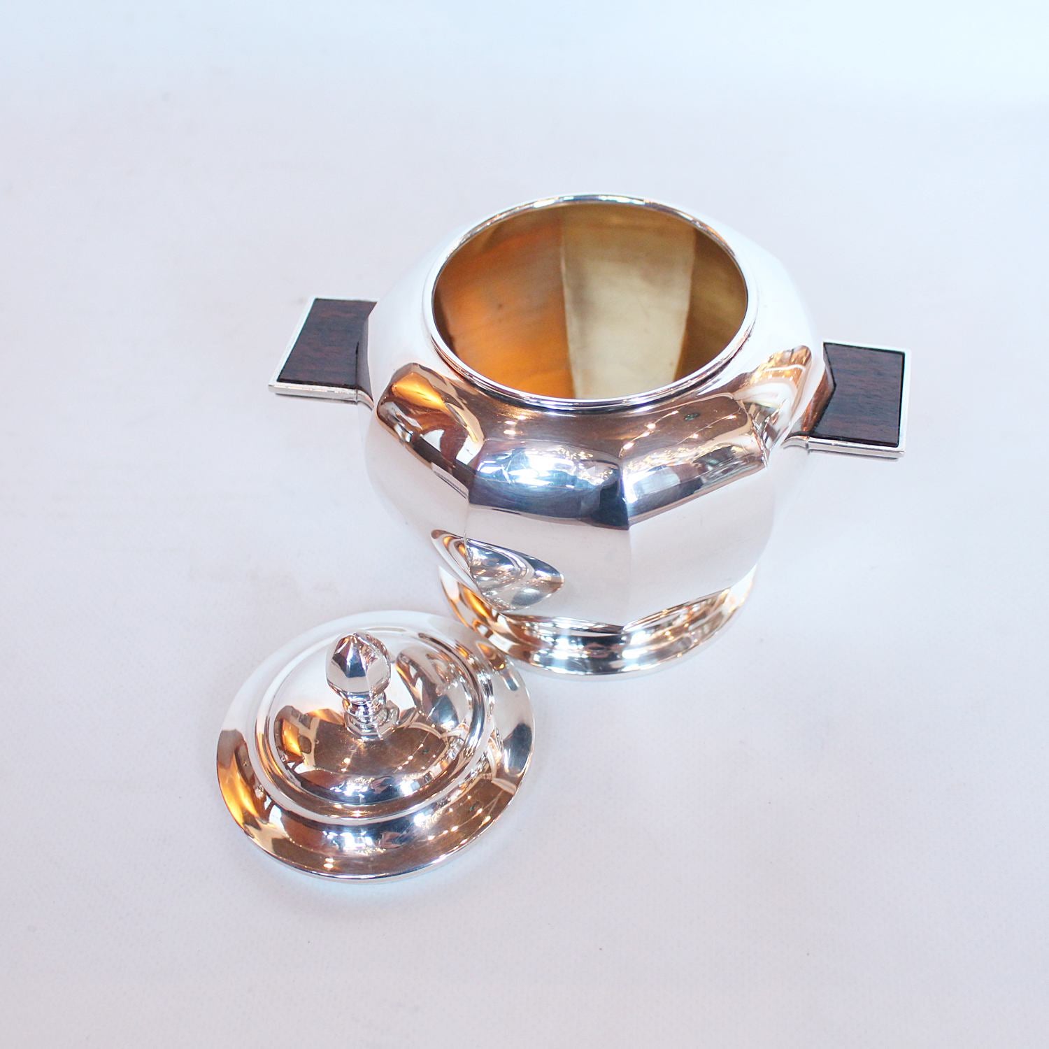 Art Deco silver and walnut tea and coffee set with sugar bowl and cream jug at Jeroen Markies