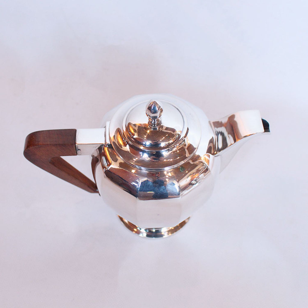 Art Deco silver and walnut tea and coffee set with sugar bowl and cream jug at Jeroen Markies
