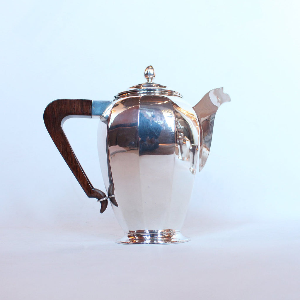Art Deco silver and walnut tea and coffee set with sugar bowl and cream jug at Jeroen Markies