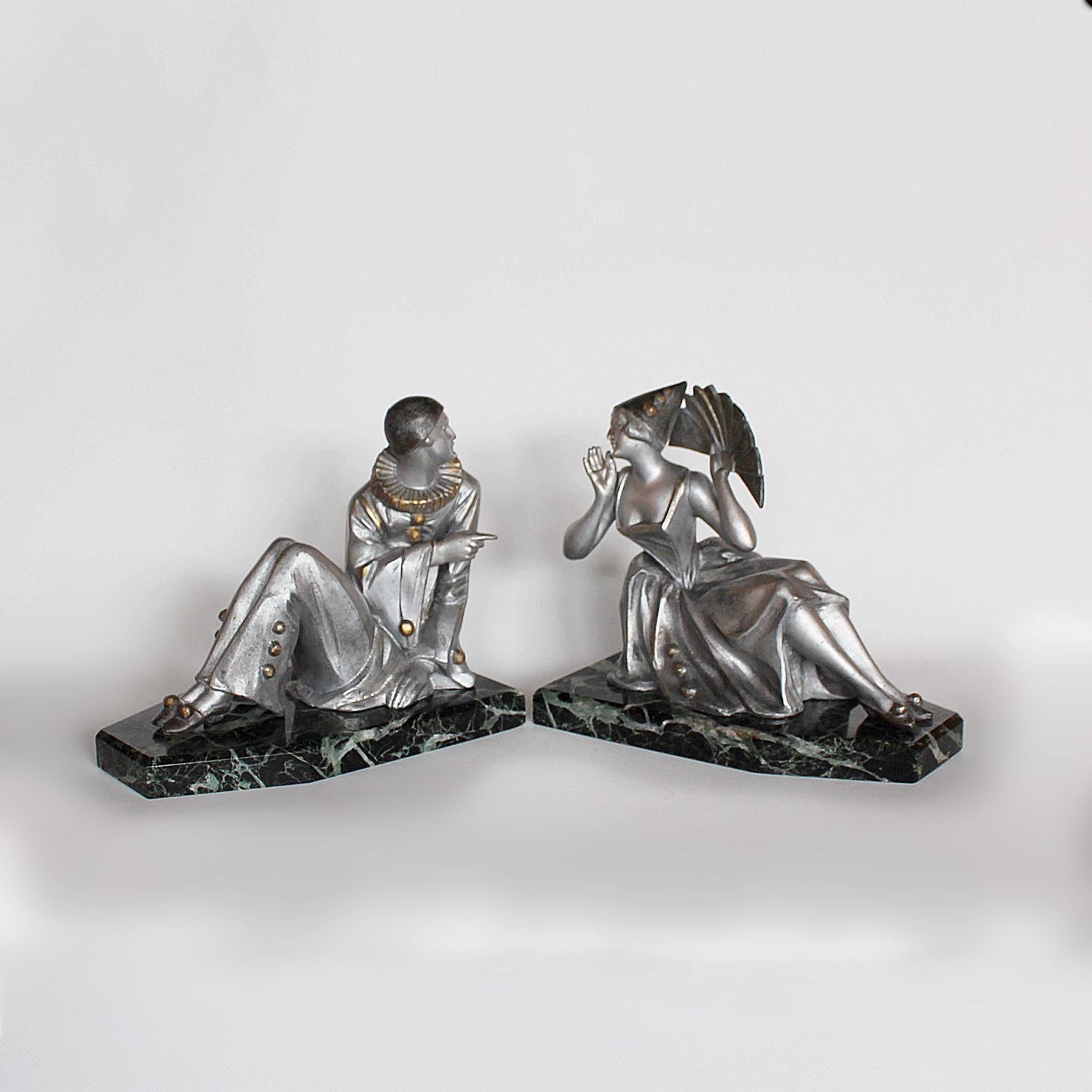 Art Deco cold painted spelter Pierrot and Columbine bookends at Jeroen Markies