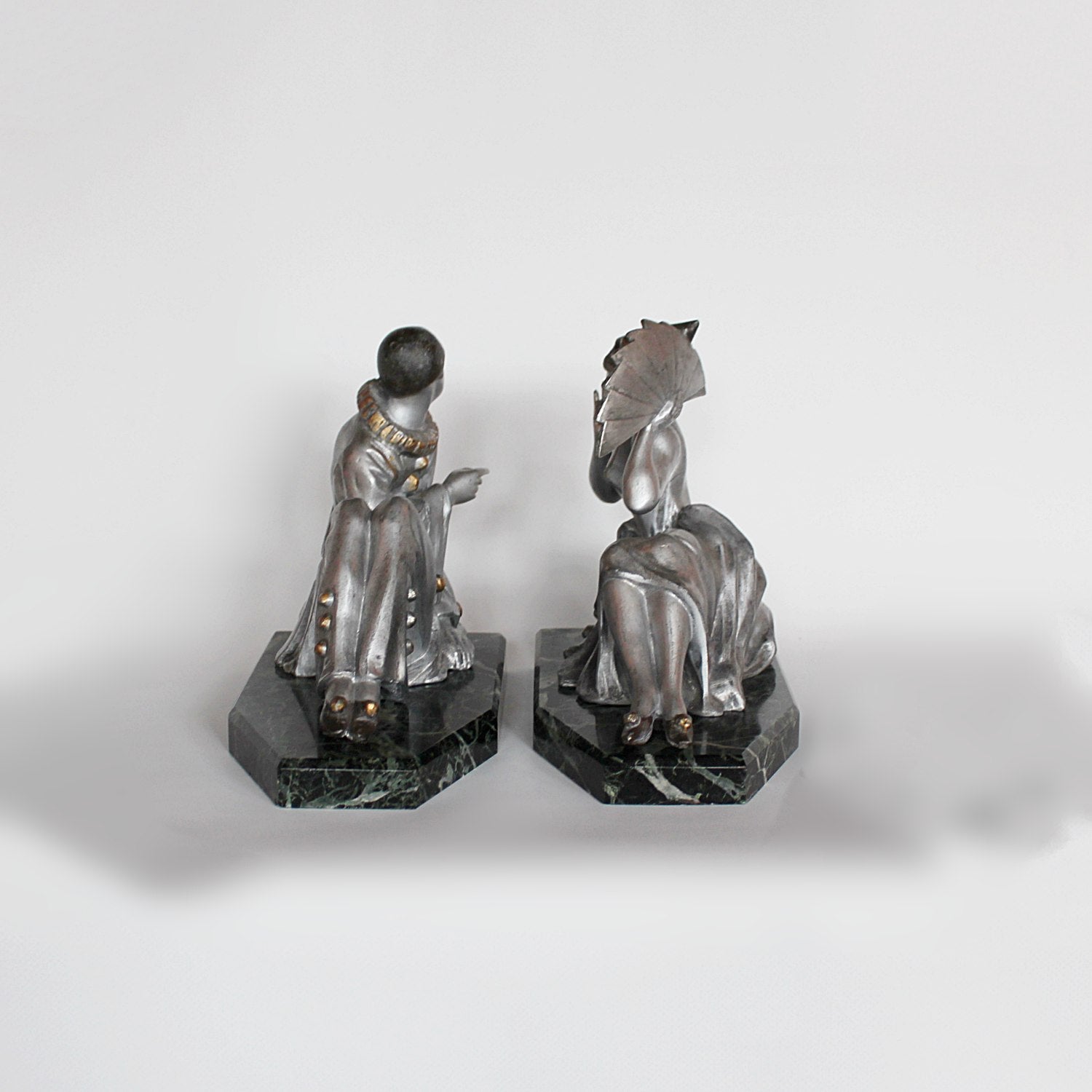 Art Deco cold painted spelter Pierrot and Columbine bookends at Jeroen Markies