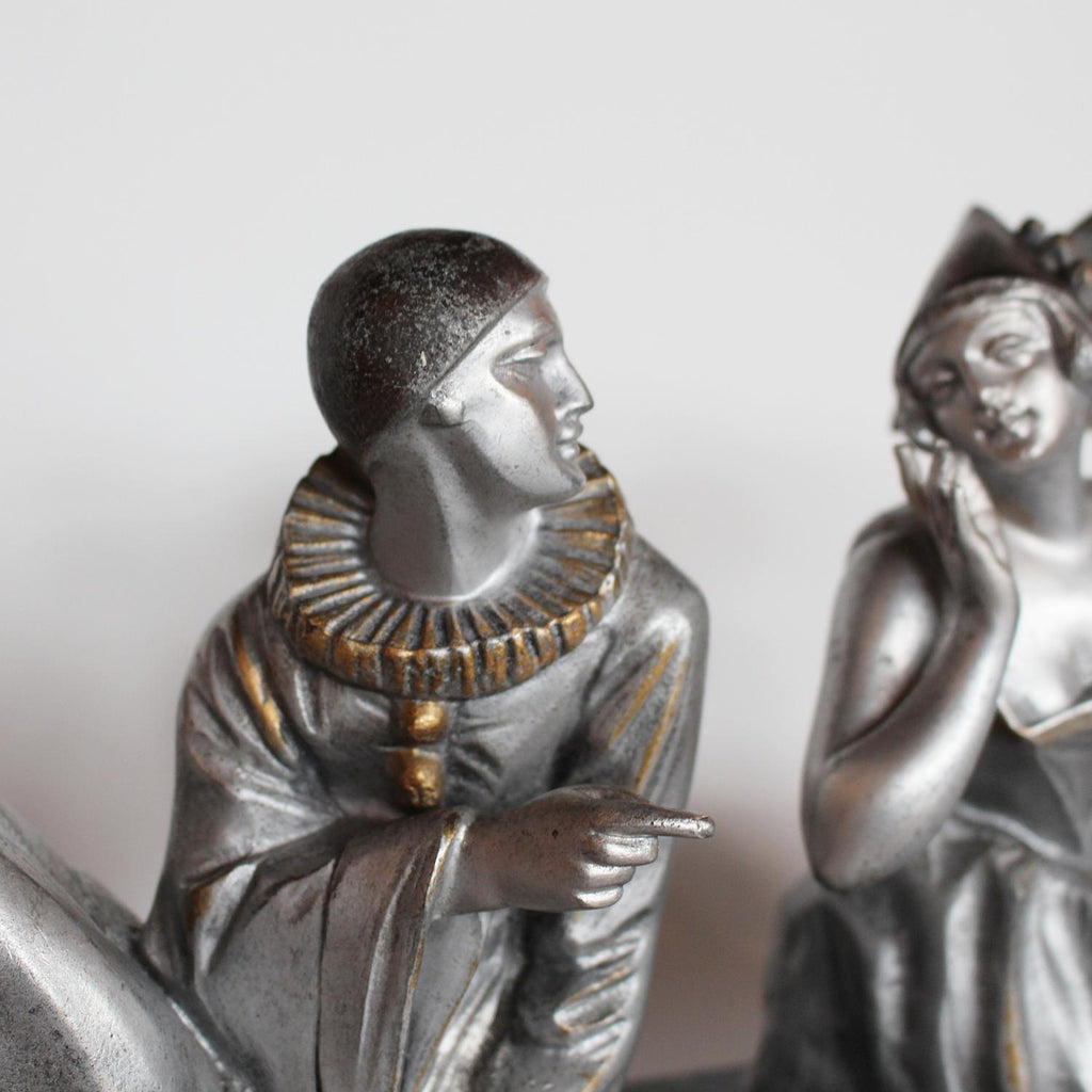 Art Deco cold painted spelter Pierrot and Columbine bookends at Jeroen Markies