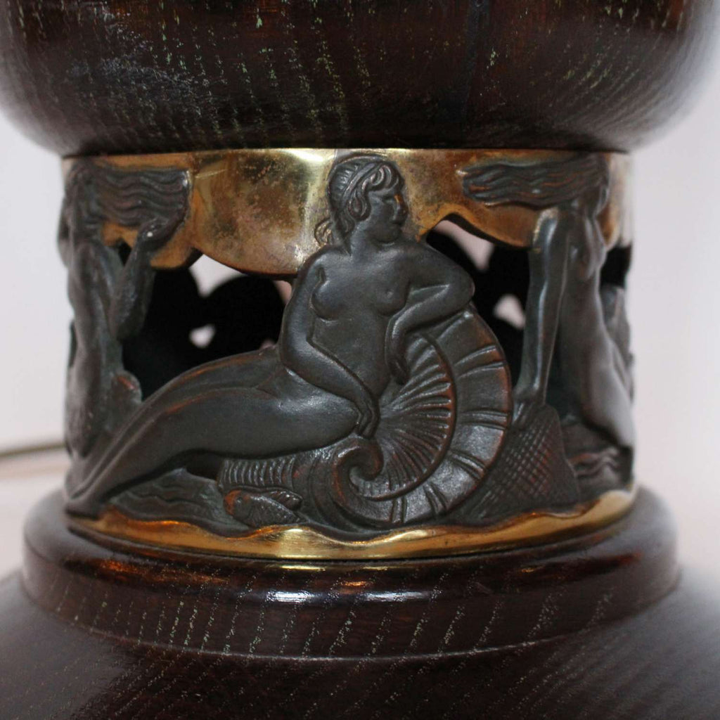 Art Deco uplighter table lamp with bronze neptune and mermaids at Jeroen Markies