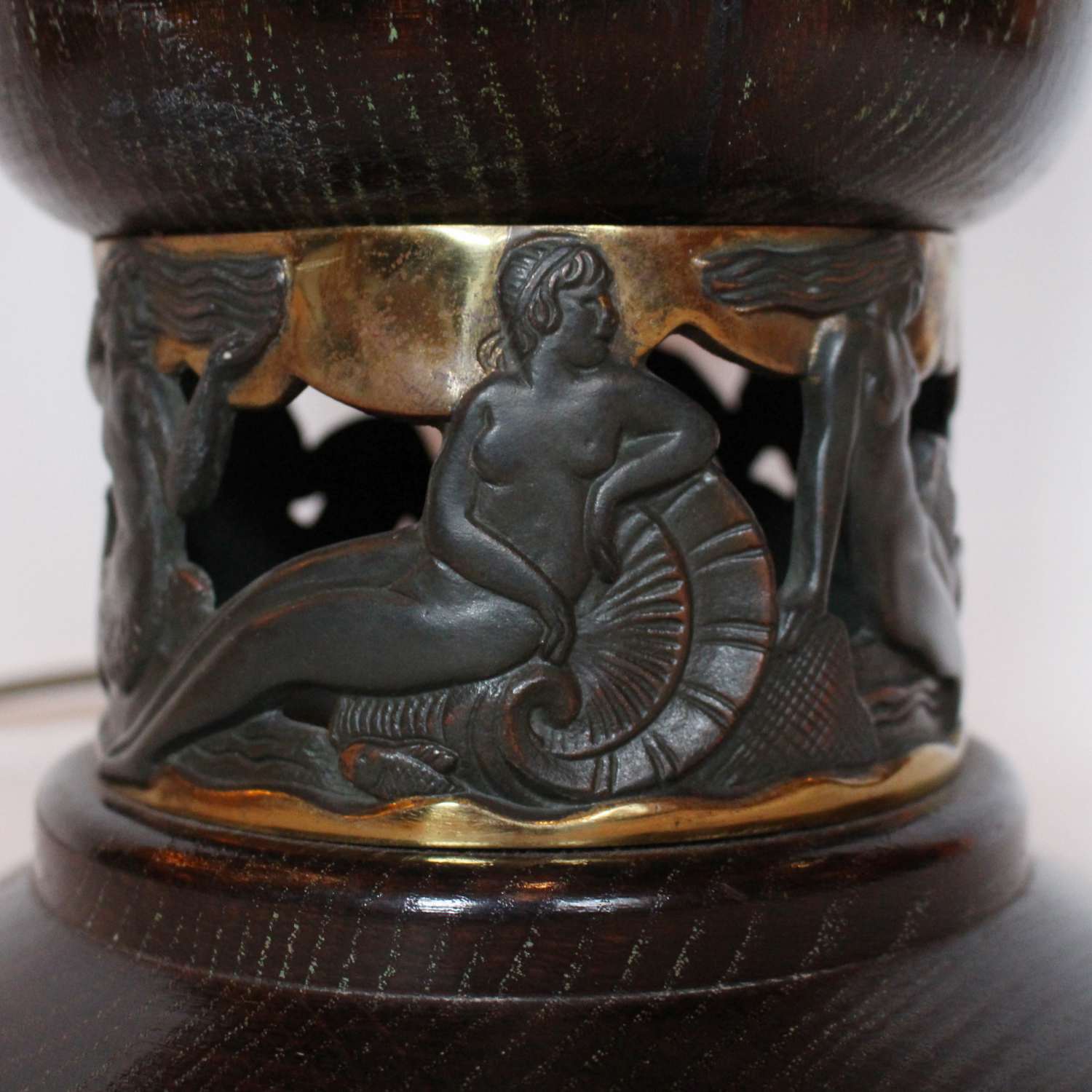 Art Deco uplighter table lamp with bronze neptune and mermaids at Jeroen Markies