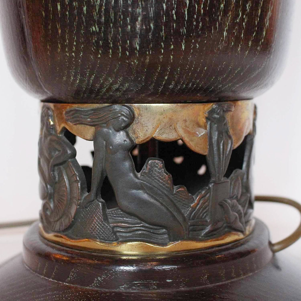 Art Deco uplighter table lamp with bronze neptune and mermaids at Jeroen Markies