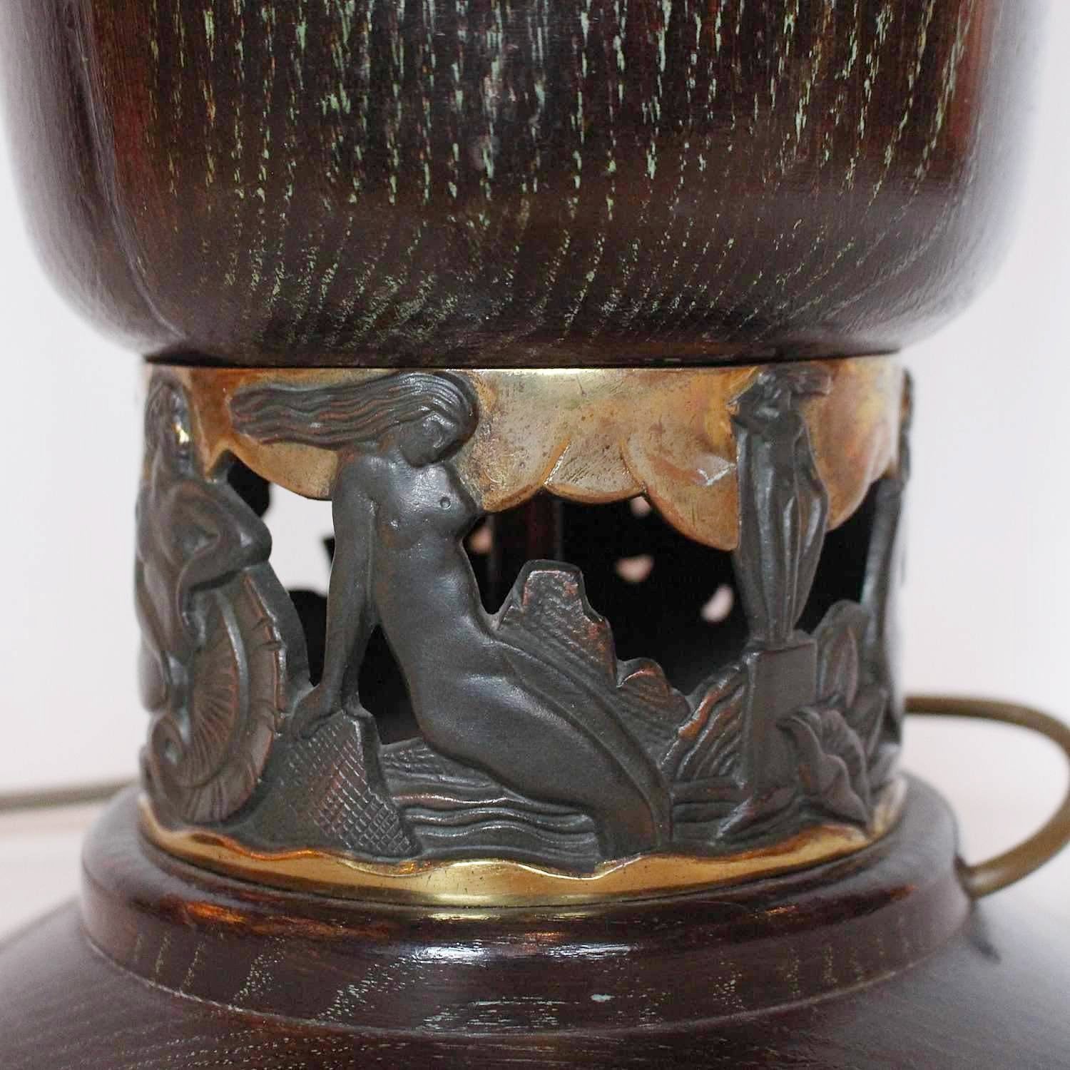 Art Deco uplighter table lamp with bronze neptune and mermaids at Jeroen Markies