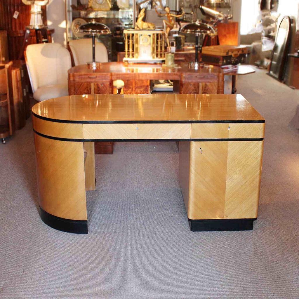 Art Deco desk with curved end in satin birch with ebonised wood at Jeroen Markies 