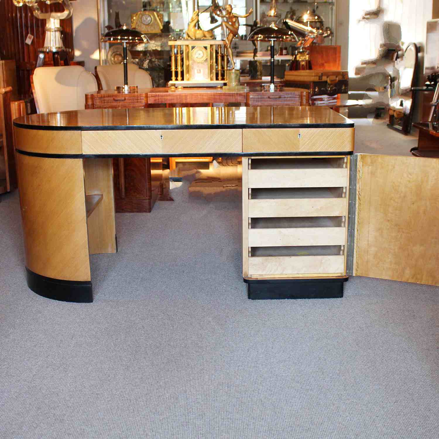 Art Deco desk with curved end in satin birch with ebonised wood at Jeroen Markies 