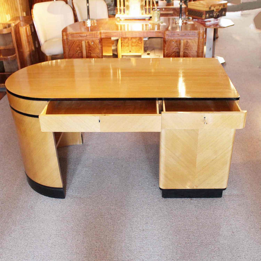 Art Deco desk with curved end in satin birch with ebonised wood at Jeroen Markies 