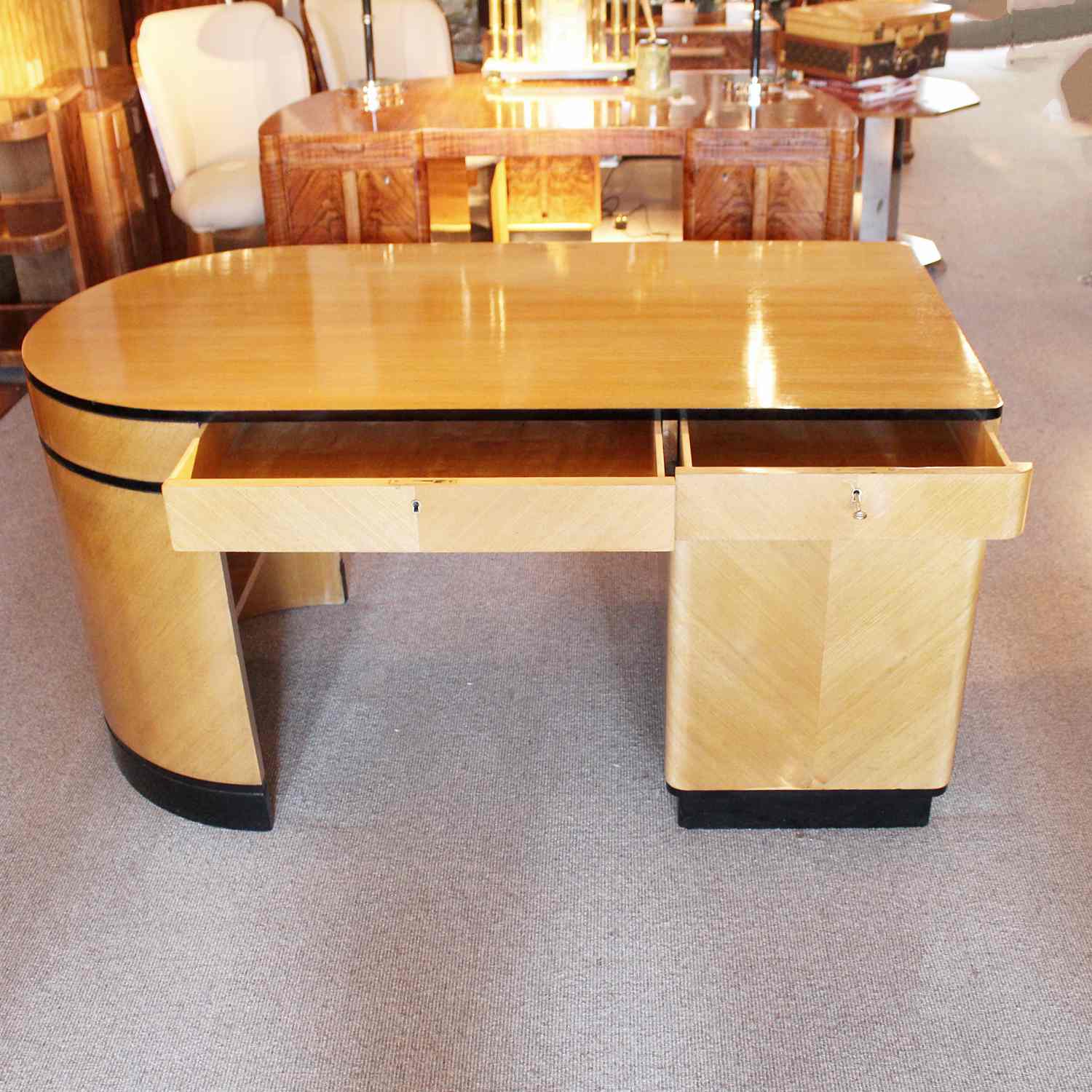 Art Deco desk with curved end in satin birch with ebonised wood at Jeroen Markies 