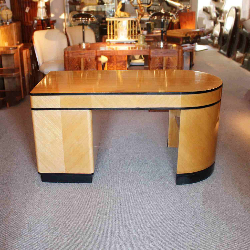 Art Deco desk with curved end in satin birch with ebonised wood at Jeroen Markies 
