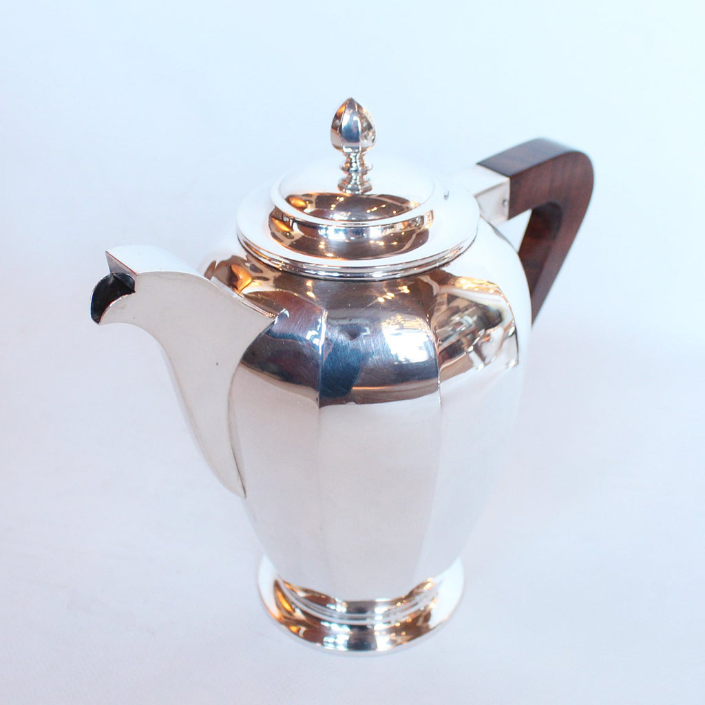 Art Deco silver and walnut tea and coffee set with sugar bowl and cream jug at Jeroen Markies