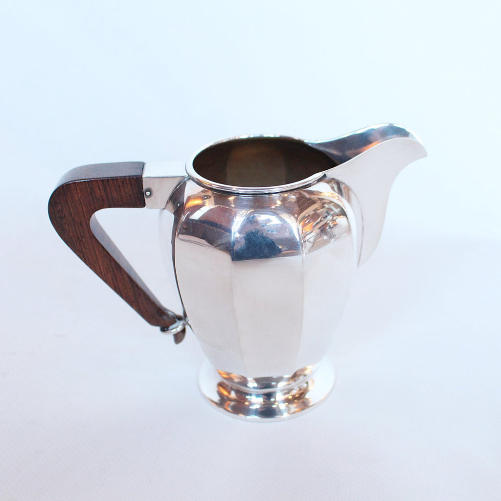 Art Deco silver and walnut tea and coffee set with sugar bowl and cream jug at Jeroen Markies