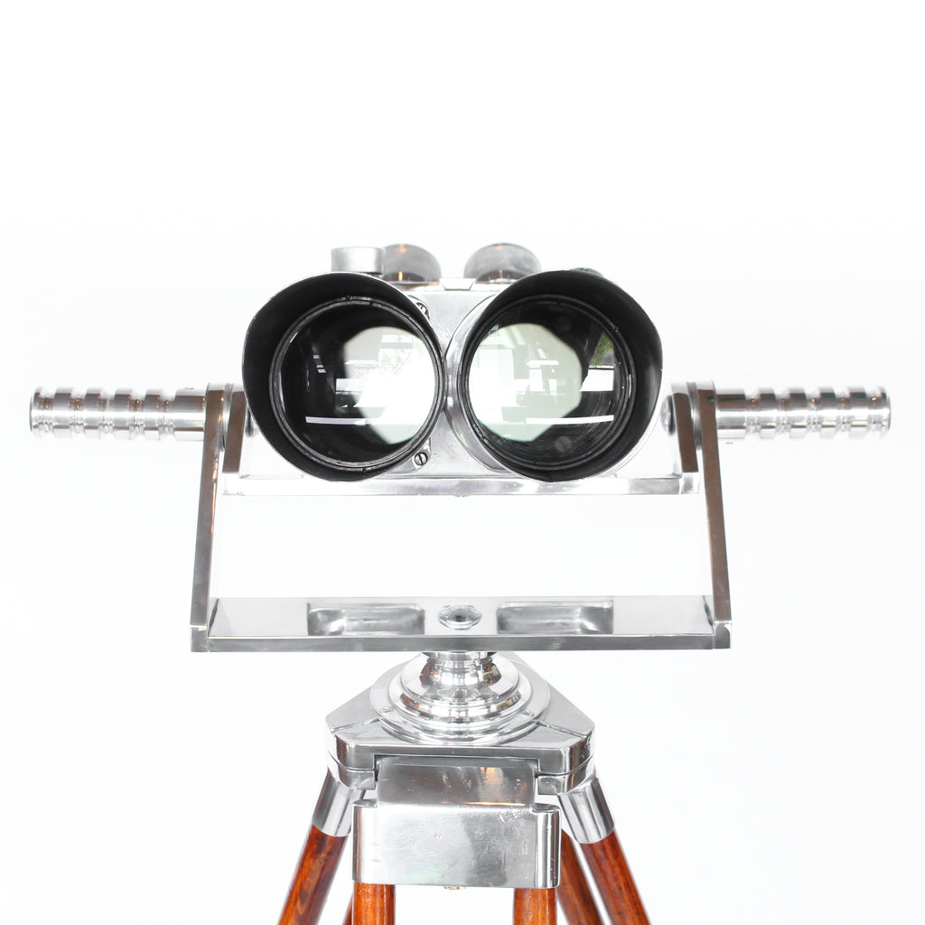 Zeiss German WWII 10X80 anti-aircraft binoculars. Designed in 1946 by Emil Busch for the Zeiss company under the codename CXN. Military grade steel, glass and wood on a custom made centre mount and tripod at Jeroen Markies.