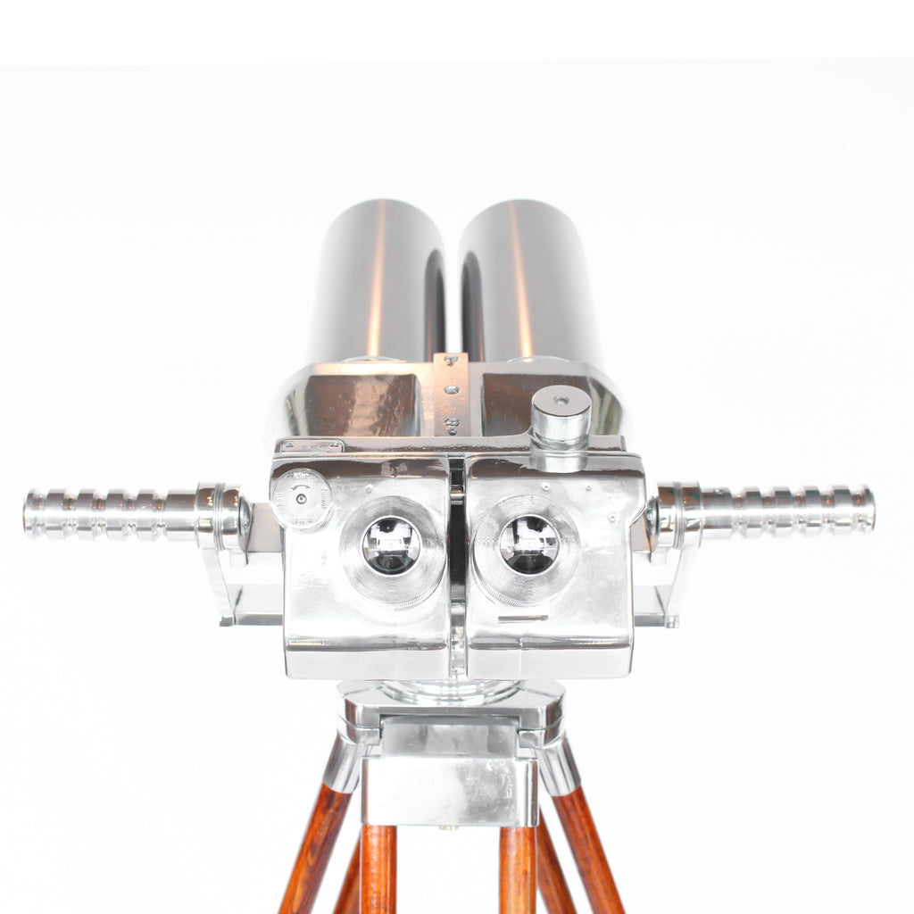 Zeiss German WWII 10X80 anti-aircraft binoculars. Designed in 1946 by Emil Busch for the Zeiss company under the codename CXN. Military grade steel, glass and wood on a custom made centre mount and tripod at Jeroen Markies.