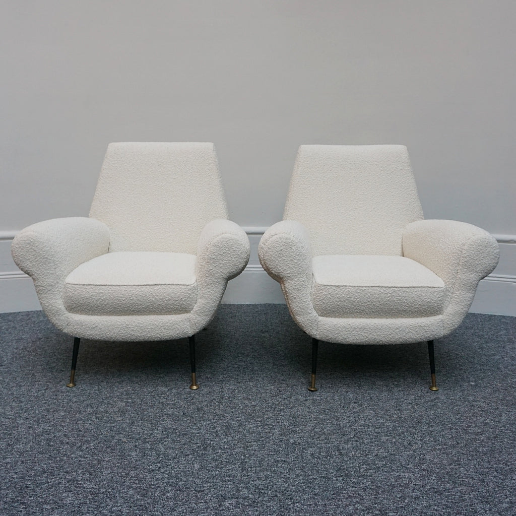 Mid-Century Modern Italian Lounge Chairs-White Boucle Upholstery-Gigi Raddice- Minotti - Jeroen Markies Art Deco