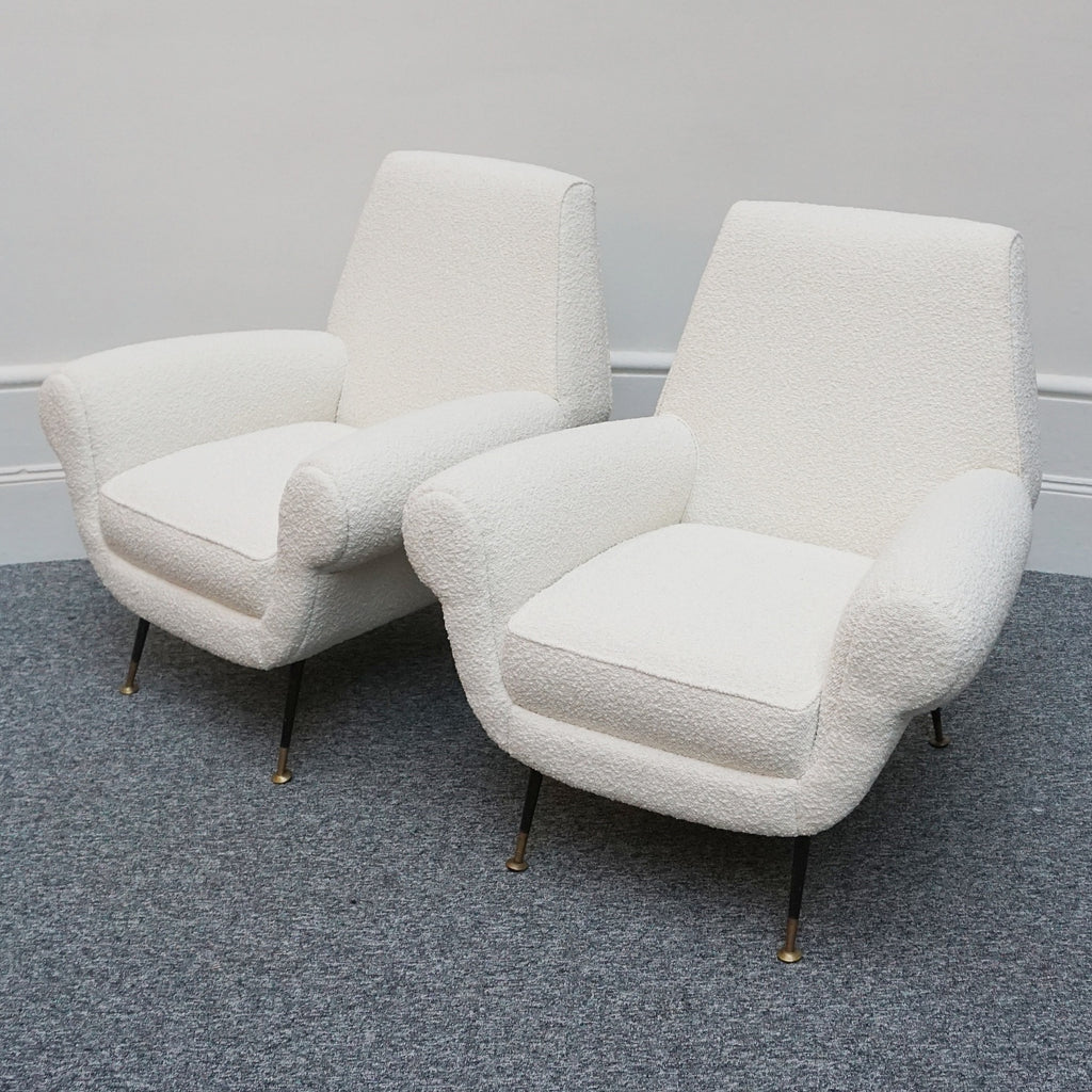 Mid-Century Modern Italian Lounge Chairs-White Boucle Upholstery-Gigi Raddice- Minotti - Jeroen Markies Art Deco