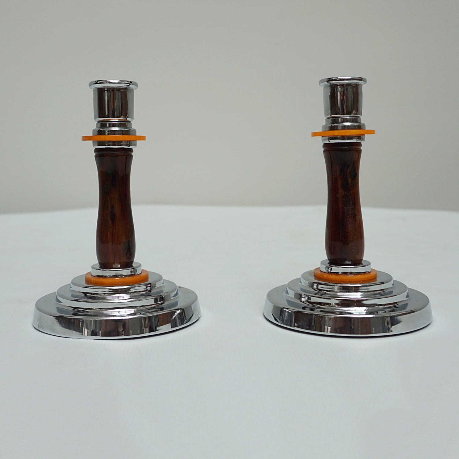 Pair of Vintage Art Deco Bakelite and Chromed Metal Candlesticks - Jeroen Markies Art Deco