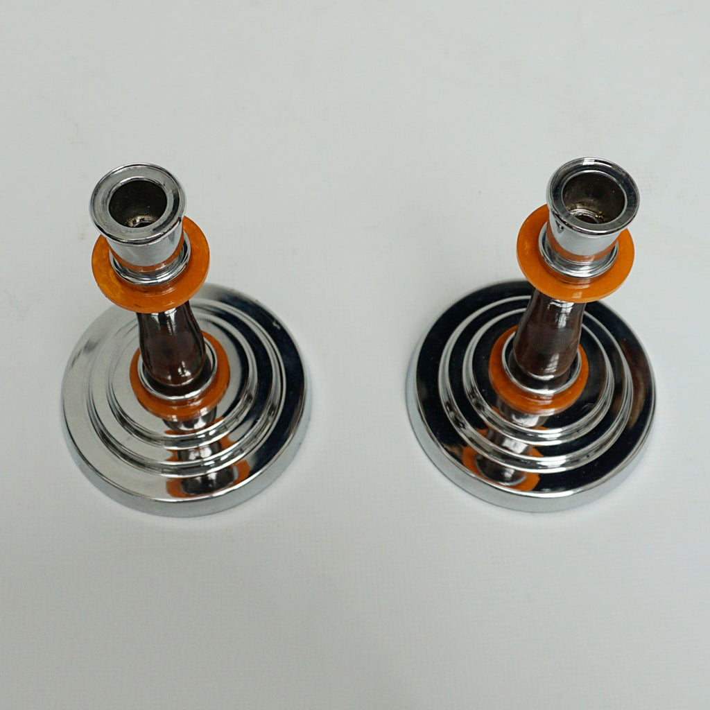 Pair of Vintage Art Deco Bakelite and Chromed Metal Candlesticks - Jeroen Markies Art Deco