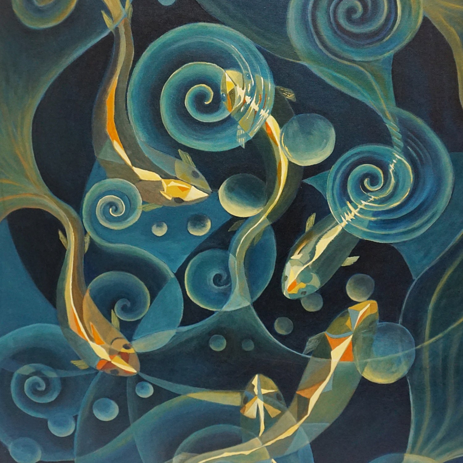 Oil on Canvas Contemporary Painting by Vera jefferson showing Carp stylised Art Deco Art - Jeroen Markies Art Deco