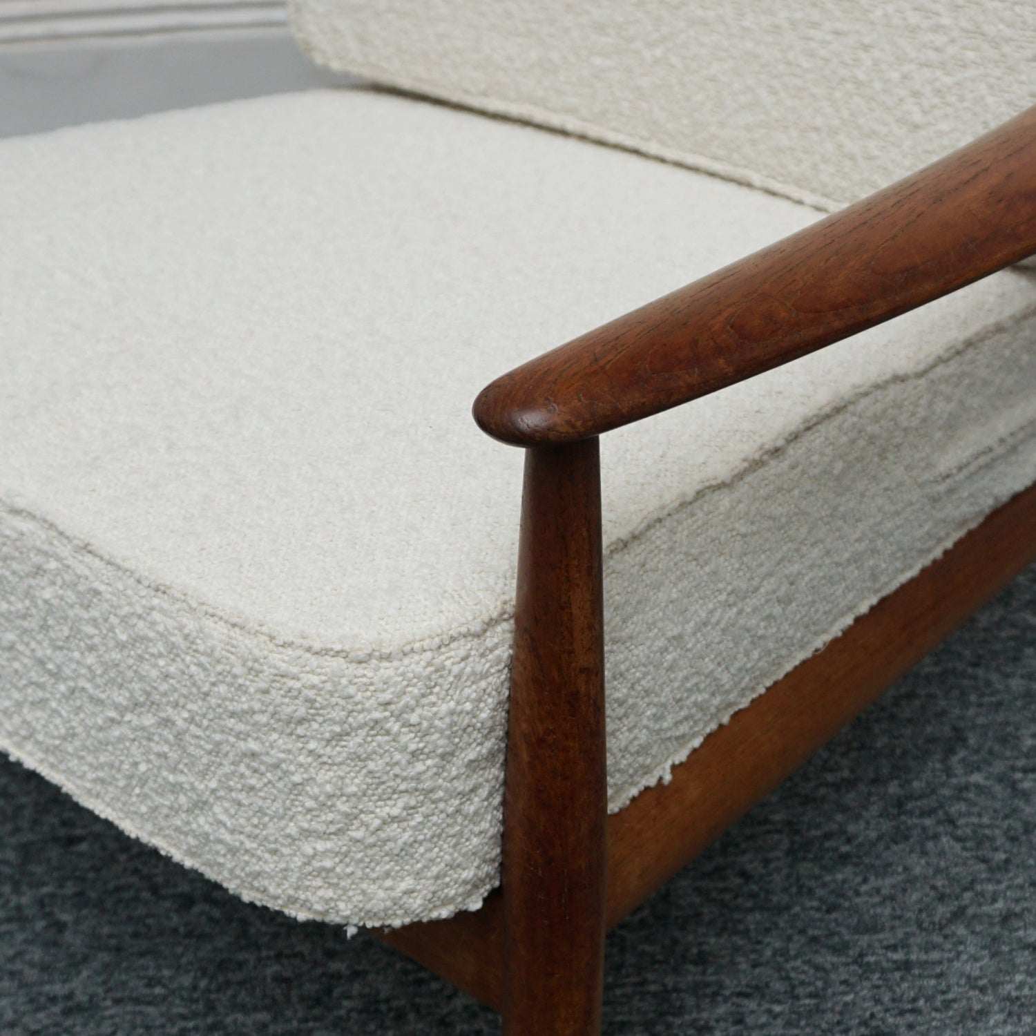 Vintage 1960's Grete Jalk for France & Son Danish Easy Chair Teak and White Boucle - Jeroen Markies Art Deco