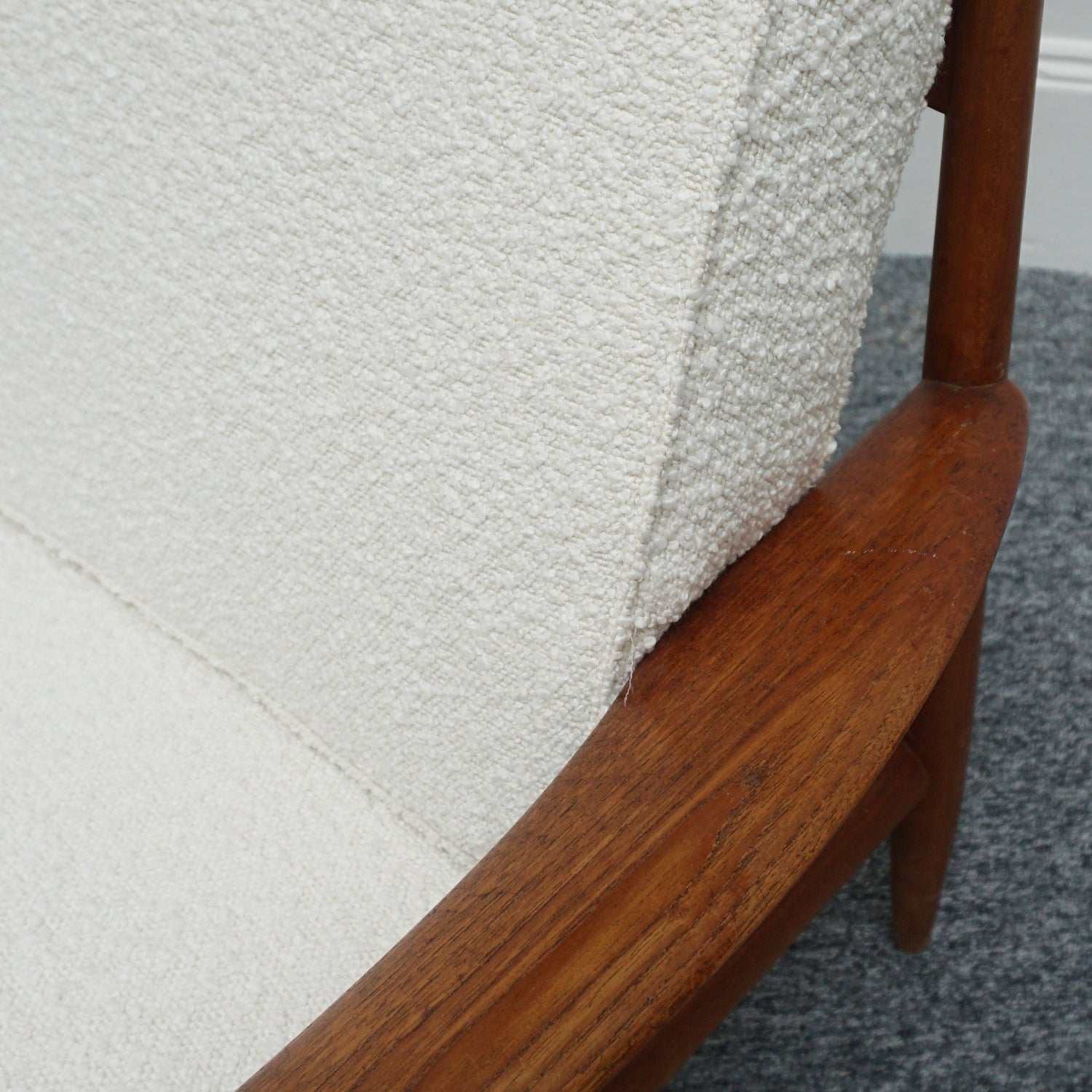 Vintage 1960's Grete Jalk for France & Son Danish Easy Chair Teak and White Boucle - Jeroen Markies Art Deco