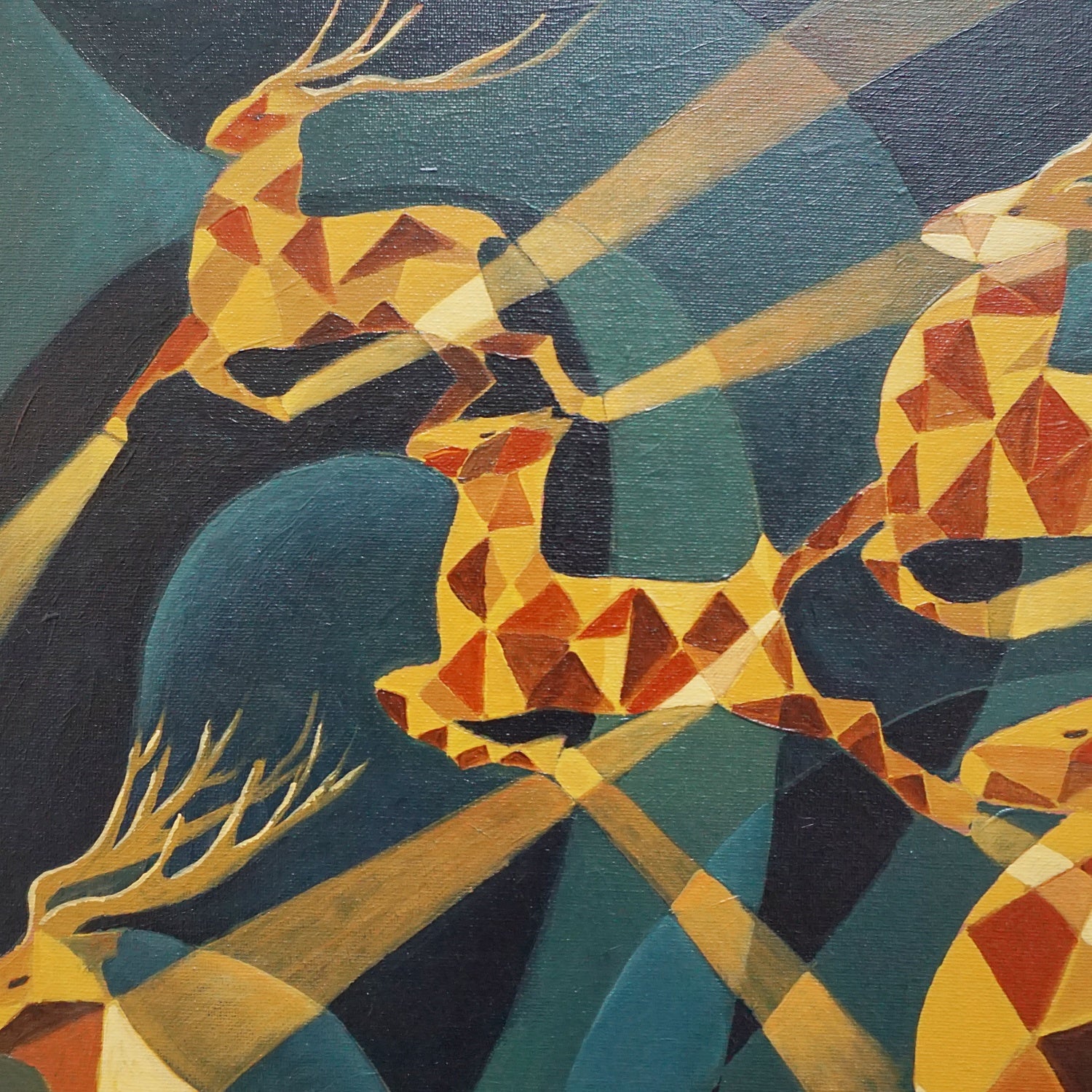 'Deers In Sunlight'. An Art Deco Style Contemporary painting by Vera Jefferson