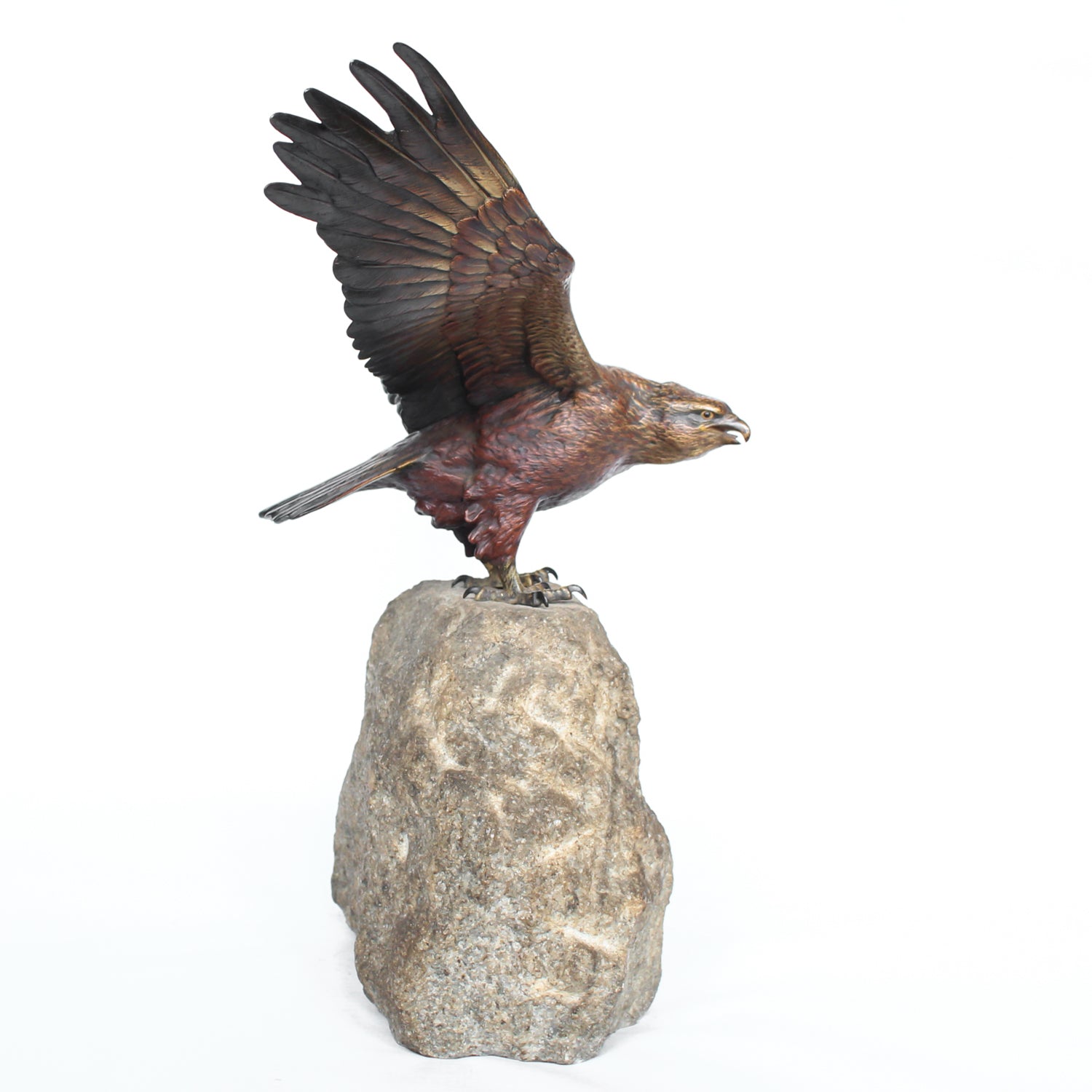 A bronze study of an eagle about to take flight with its wings outspread on the edge of a naturalistic rocky outcrop with excellent colour and fine hand finished detail. Signed with the Bergman ‘B’ to underside of tail at Jeroen Markies.
