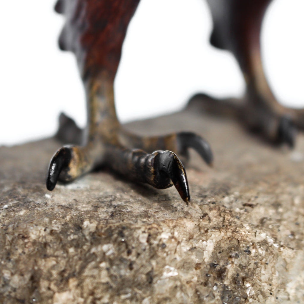 A bronze study of an eagle about to take flight with its wings outspread on the edge of a naturalistic rocky outcrop with excellent colour and fine hand finished detail. Signed with the Bergman ‘B’ to underside of tail at Jeroen Markies.
