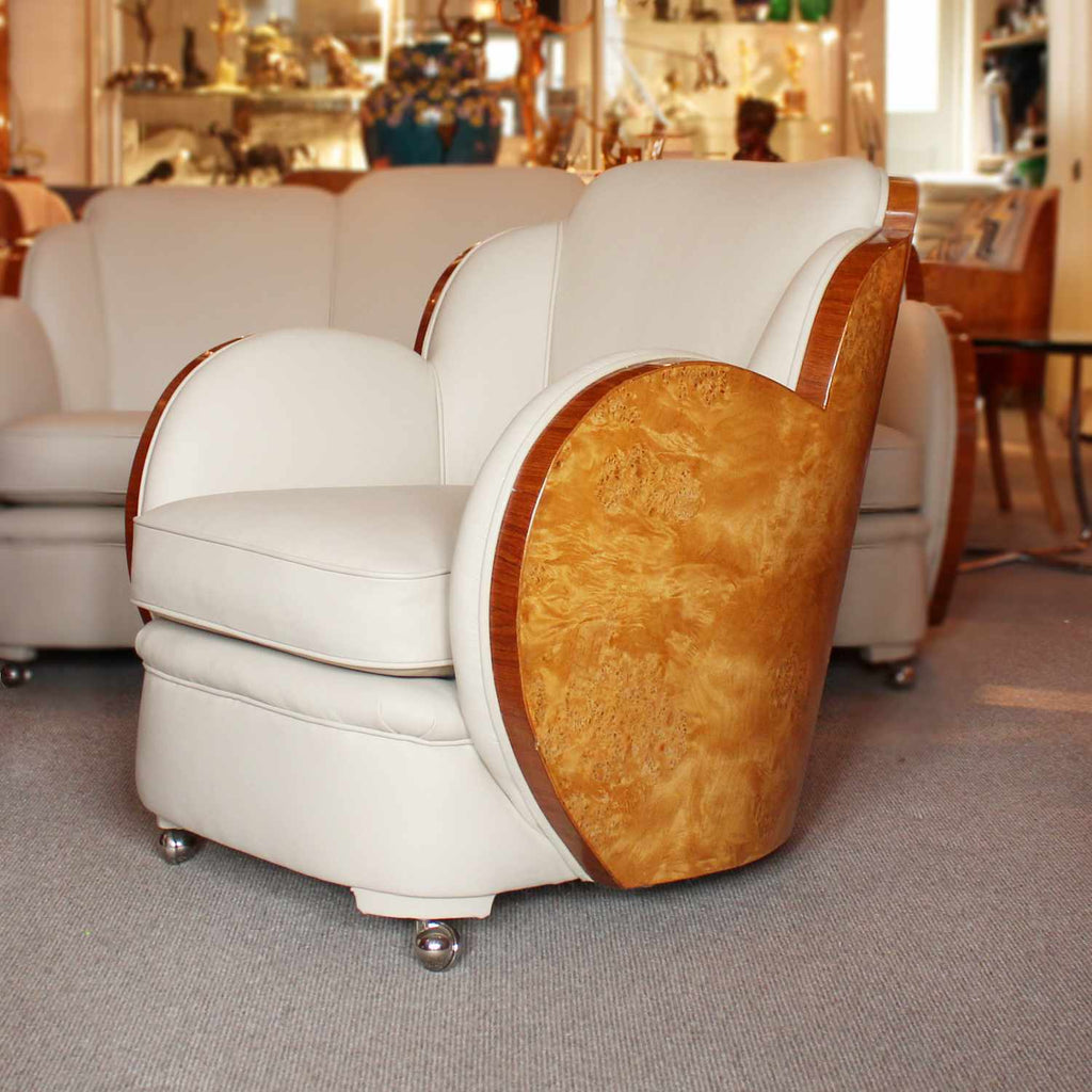 Epstein Art Deco three piece cloud suite in burr walnut at Jeroen Markies Art Deco