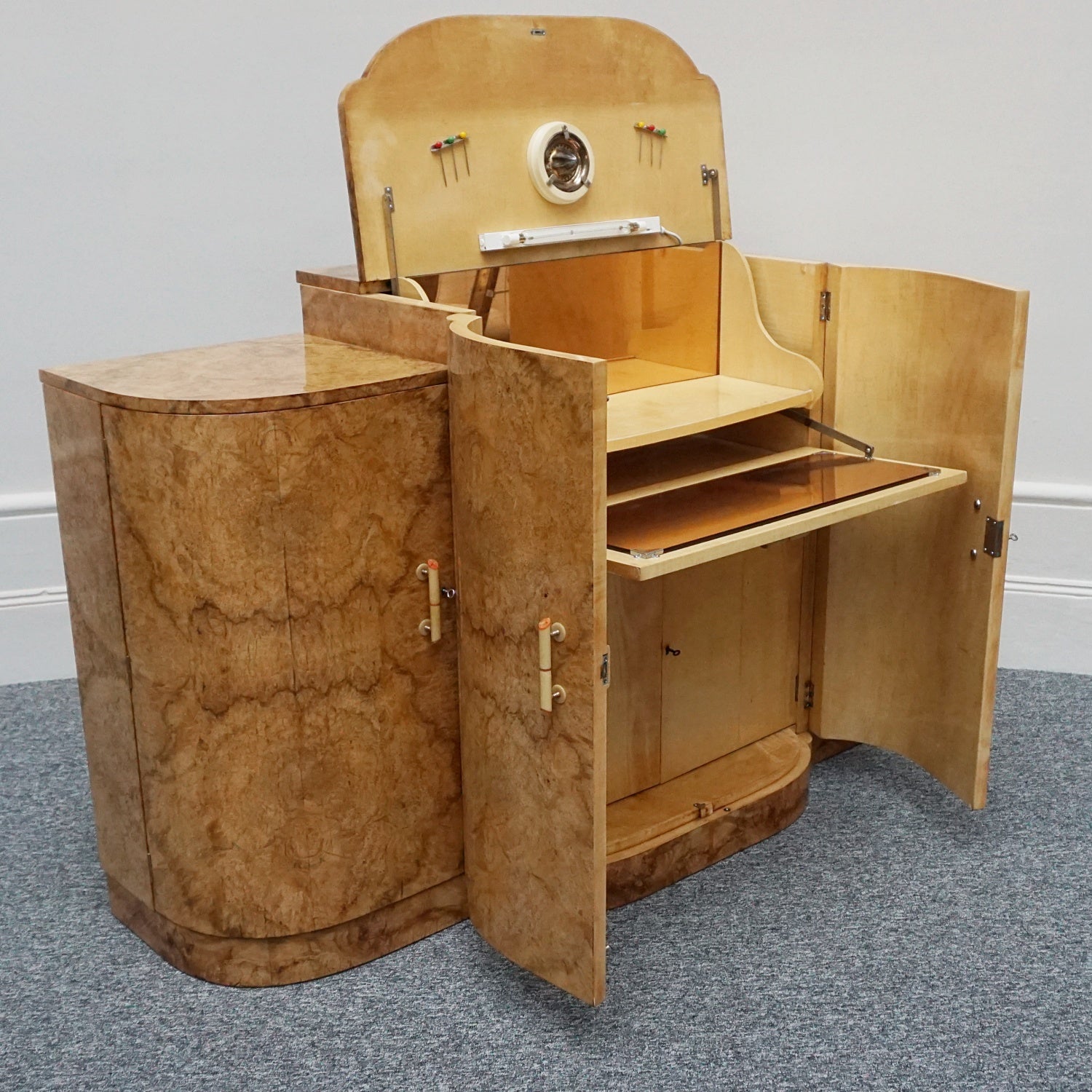 Harry & Lou Epstein Cocktail Sideboard English Circa 1935-Burr Walnut-Art-Deco-Cocktail-Bar-Jeroen Markies Art Deco