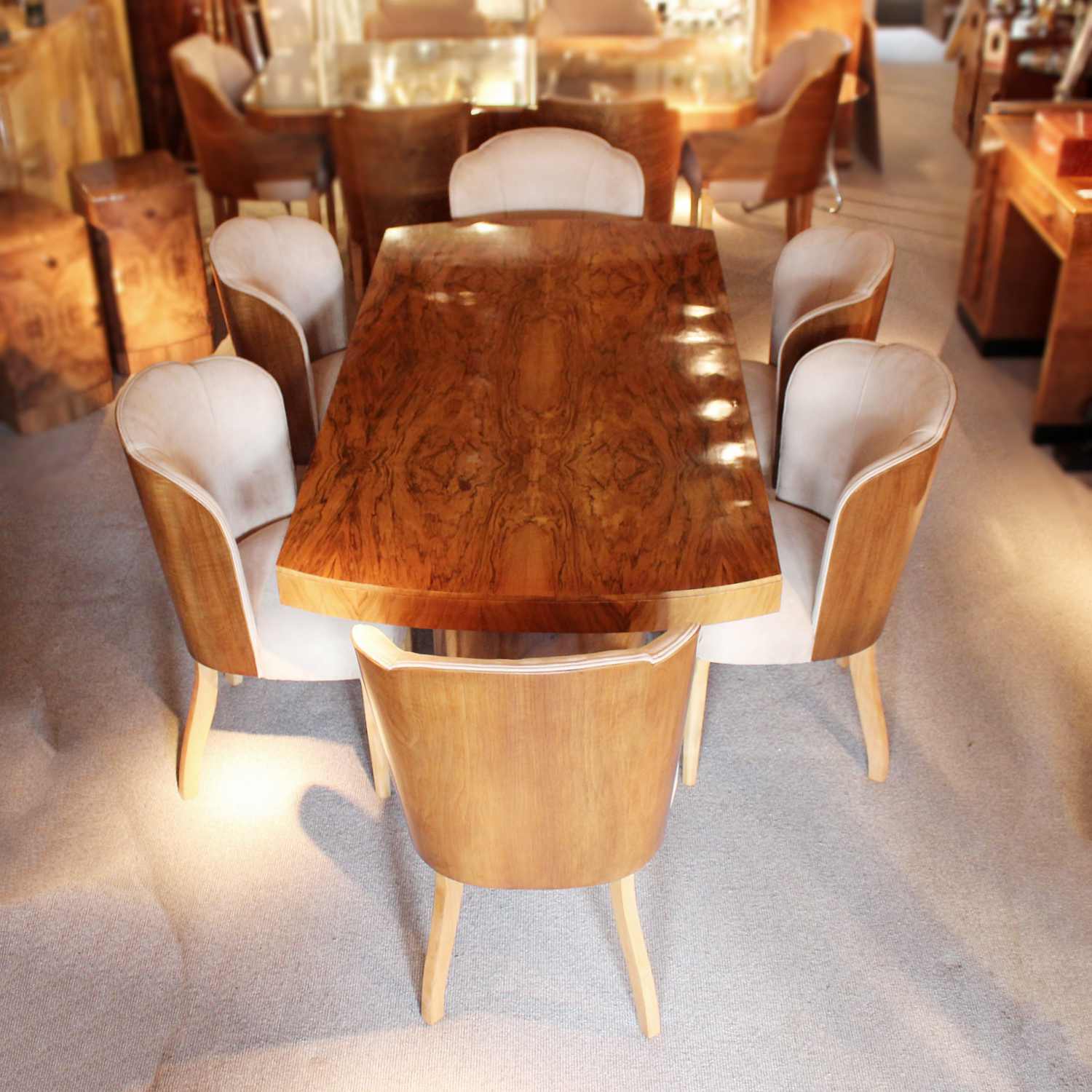 Art Deco 6 seat dining suite by Harry & Lou Epstein in figured walnut at Jeroen Markies