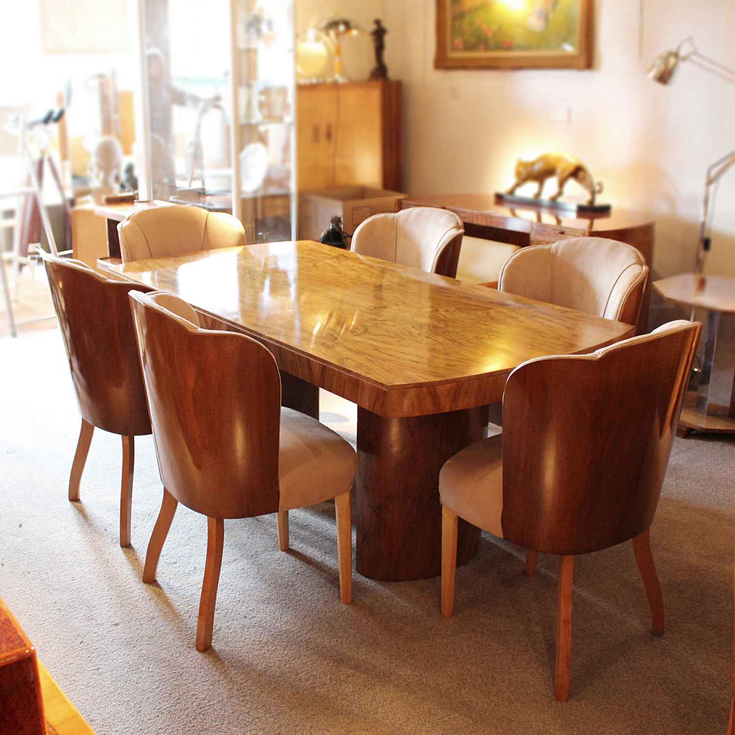 Art Deco 6 seat dining suite by Harry & Lou Epstein in figured walnut at Jeroen Markies
