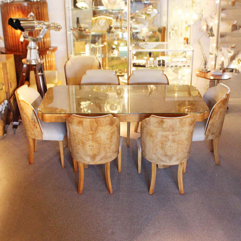 Epstein Art Deco six seat dining suite in walnut and cream leather at Jeroen Markies