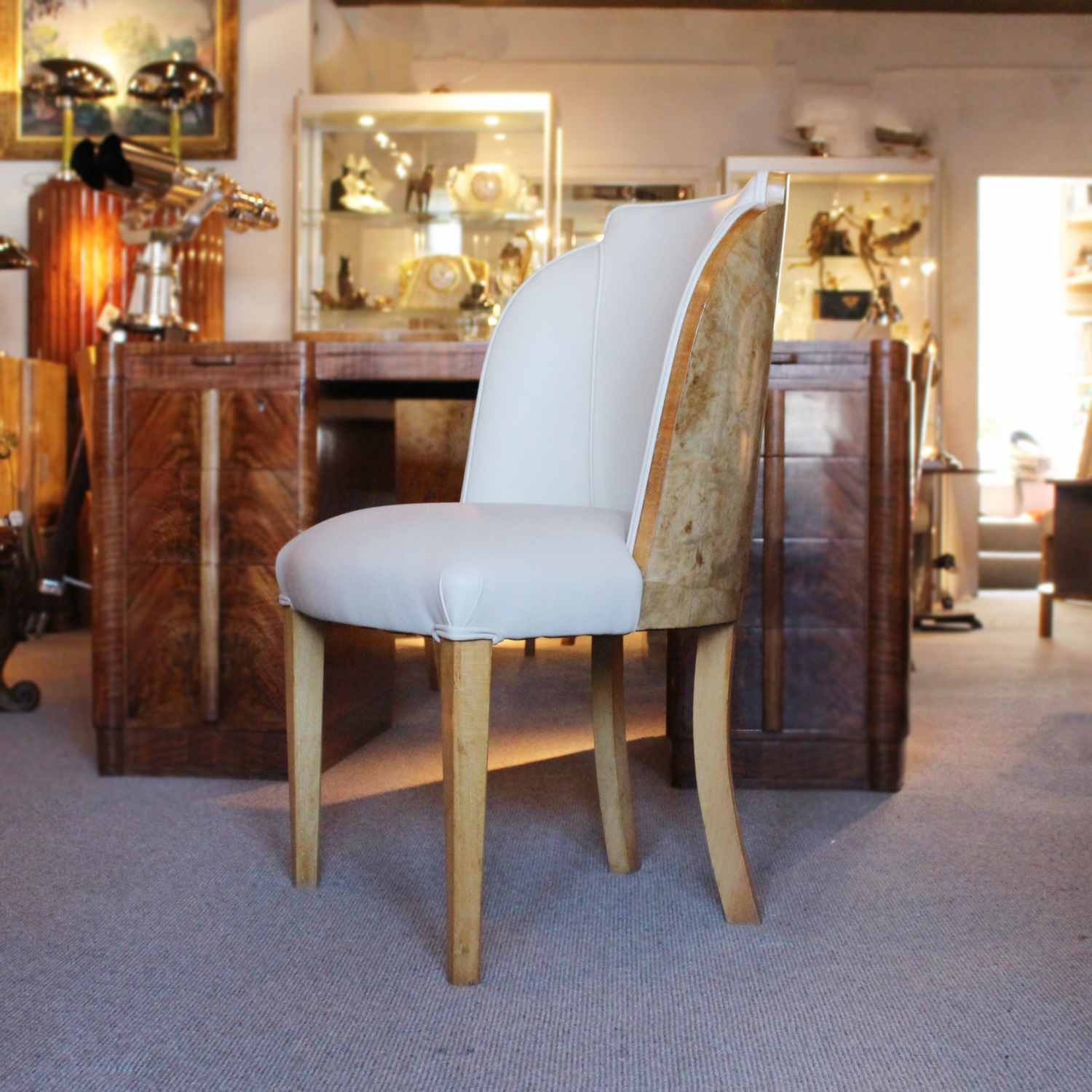 Epstein Art Deco six seat dining suite in walnut and cream leather at Jeroen Markies