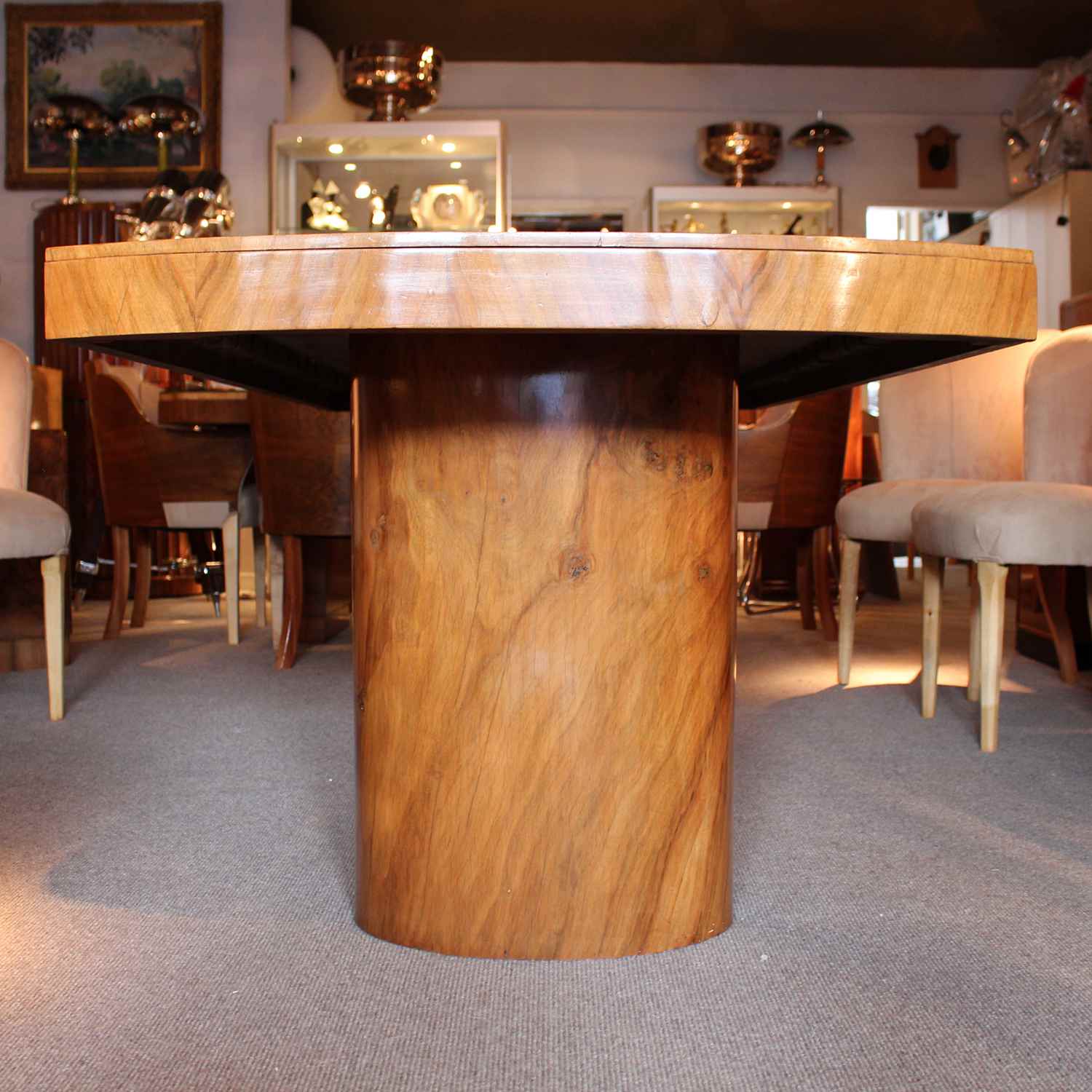 Art Deco 6 seat dining suite by Harry & Lou Epstein in figured walnut at Jeroen Markies