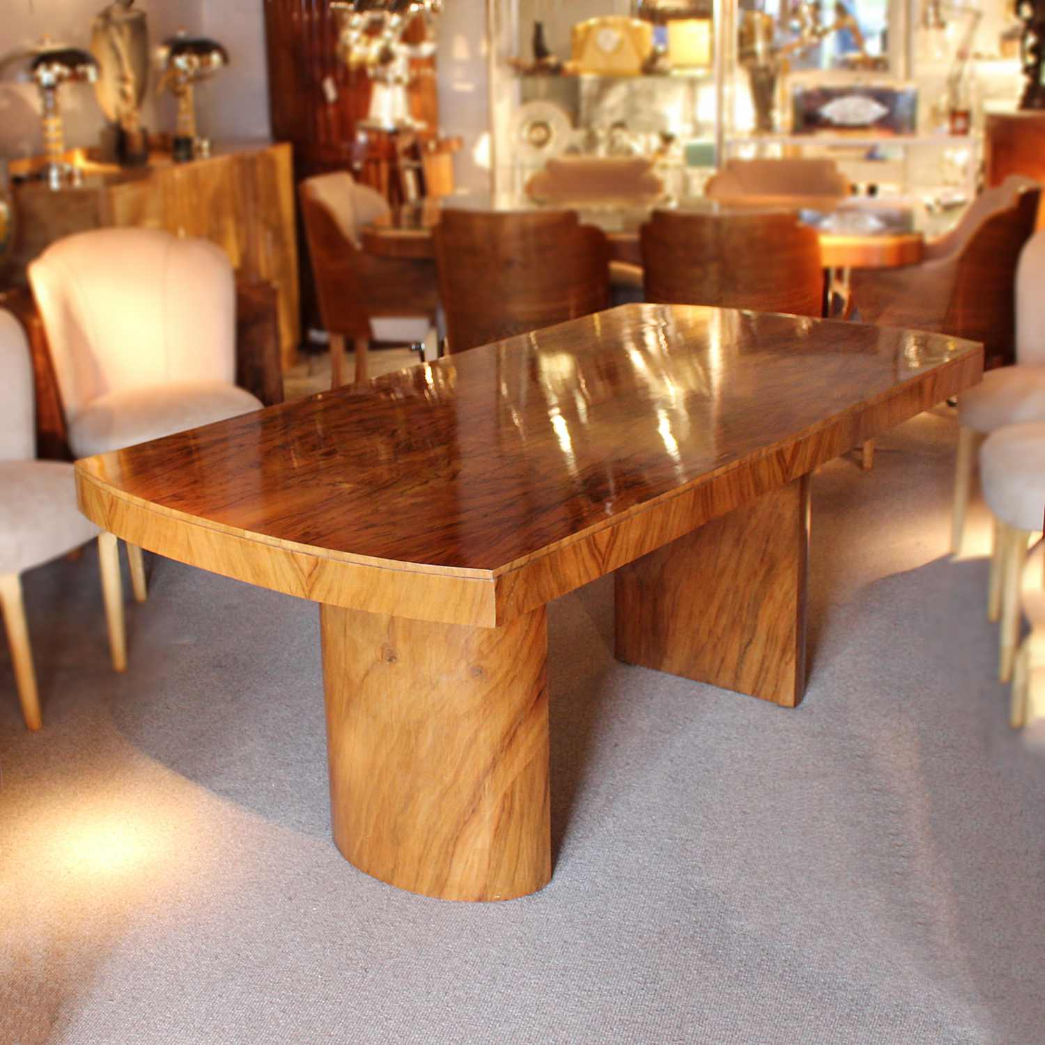 Art Deco 6 seat dining suite by Harry & Lou Epstein in figured walnut at Jeroen Markies